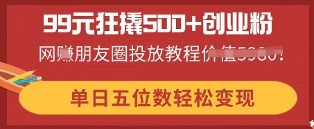 99元狂撬500+创业粉，单日五位数轻松变现，网创朋友圈投放教程-青云资源站
